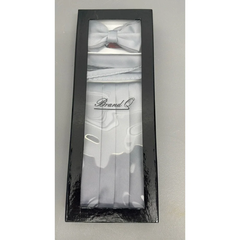 New In Box Brand Q Silver Gray Cummerbund‎ Bowtie Hankie Set Wedding Prom  #5
